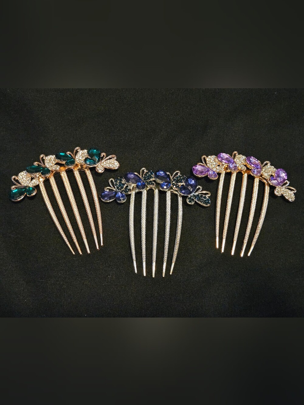 3 Vtg Style Butterfly Rhinestone Hair Combs Set Gold Silver Tone Crystal Clips